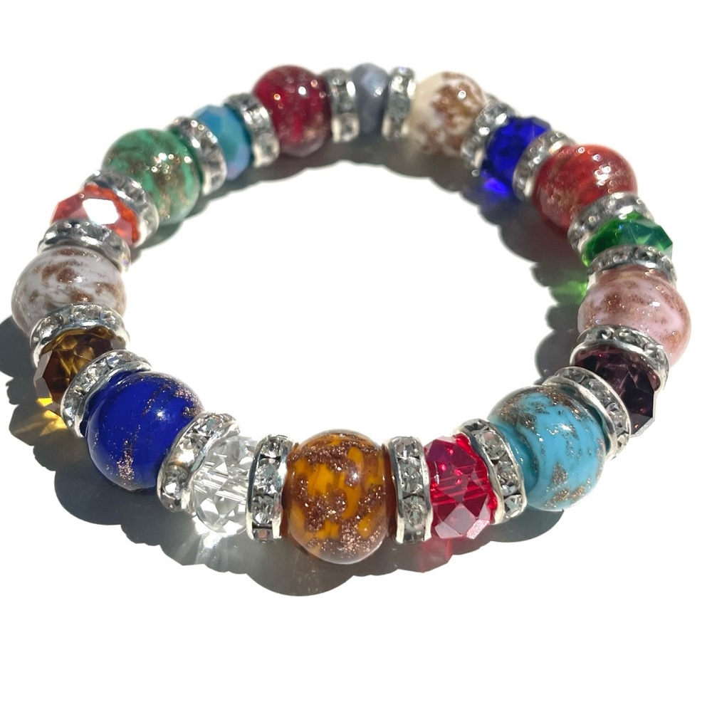 Murano Glass Bead & Crystal Stretch Bracelet! Colorful crystal: Made in Italy